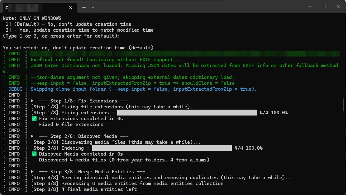 処理ログ。Exiftool not found! Continuing without EXIF support... と表示され、その後8ステップの処理が進んでいる