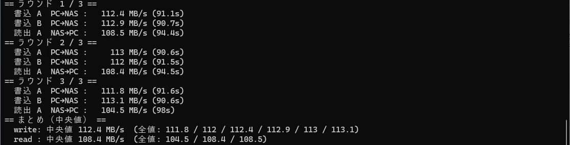 PowerShell のベンチ出力（1GbE）。書込 112〜113MB/s・読出 104〜109MB/s の3ラウンド